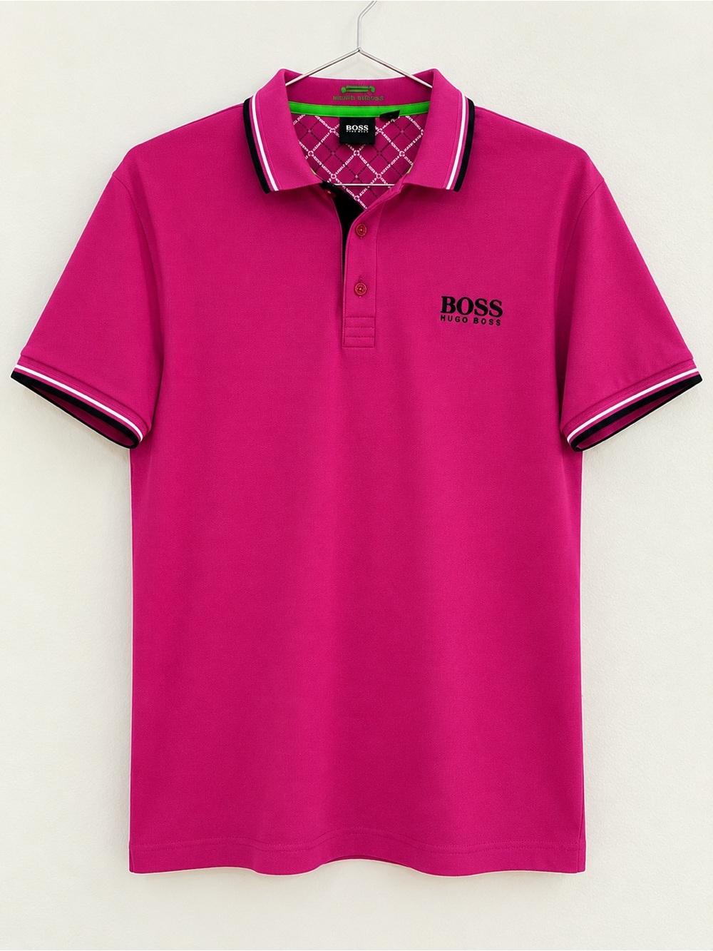 BOSS Hugo Boss Men's Magenta Pink Polo Shirt Striped Collar Golf L NWOT